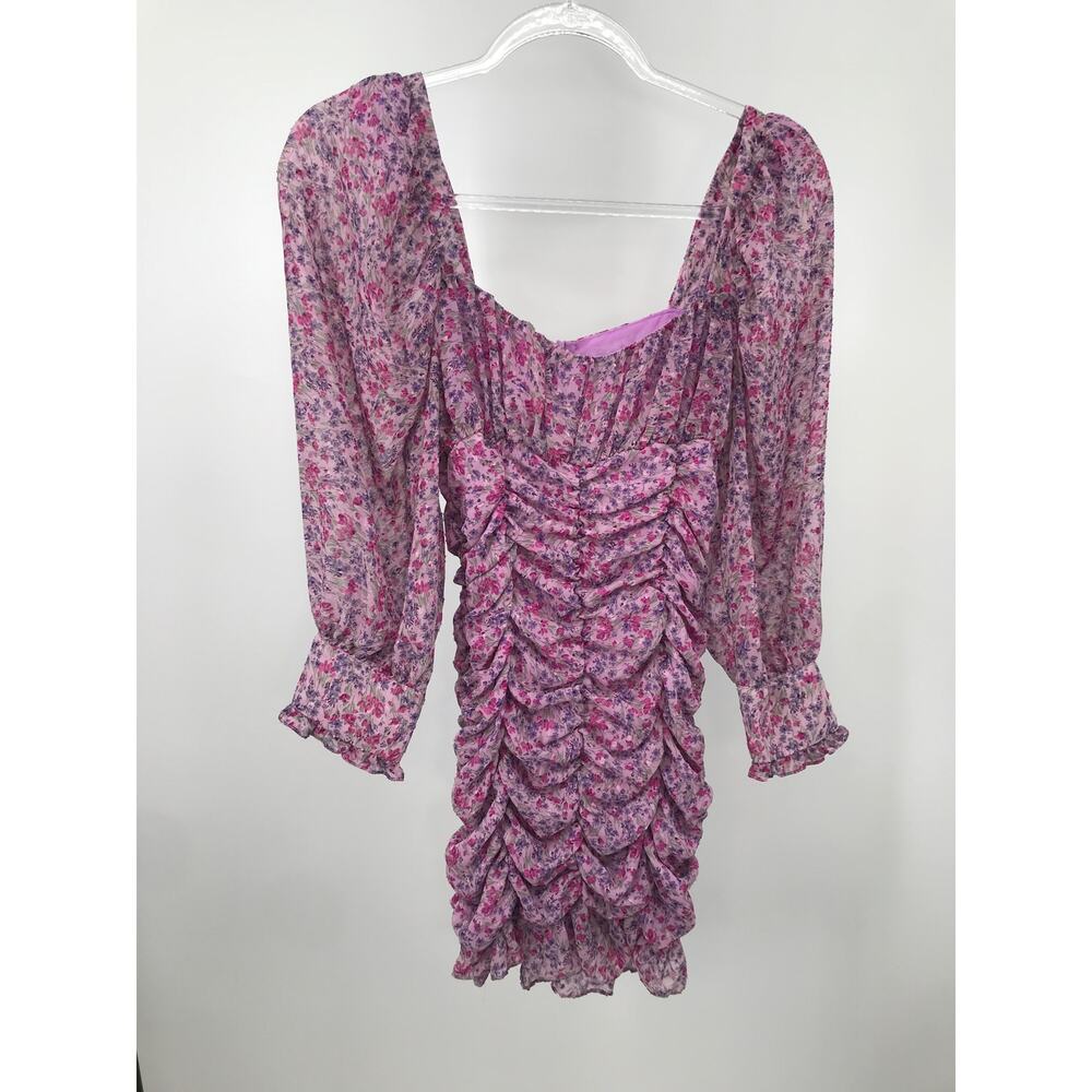 Zara Purple Floral Draped Chiffon Ruched Sheer Sleeve Mini Dress S Party Fitted